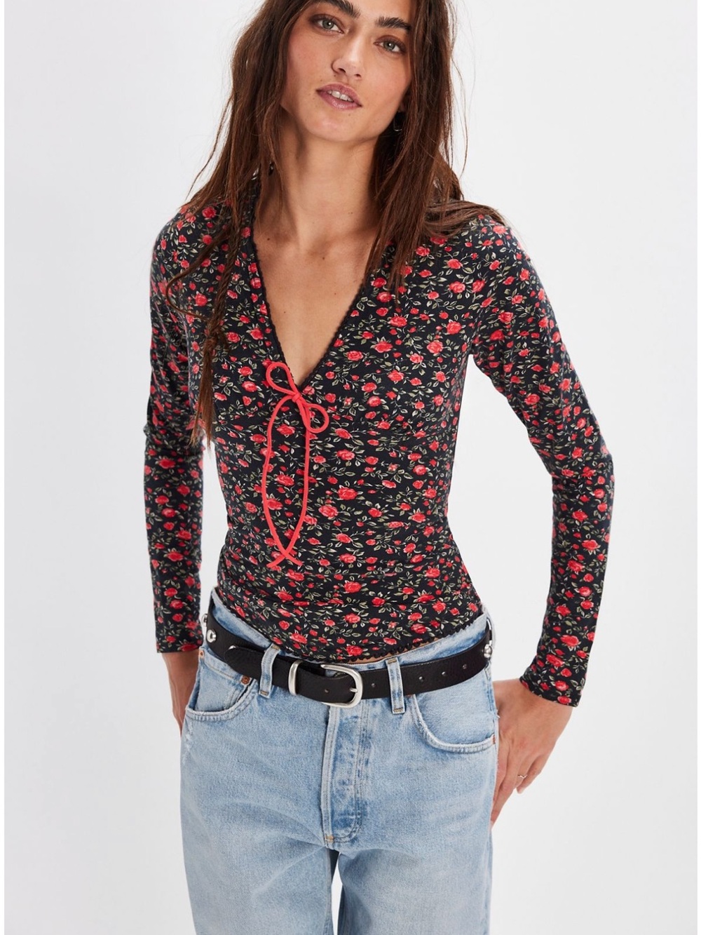 Free People Abundance Long Sleeve Top Black Floral Size Medium NWOT